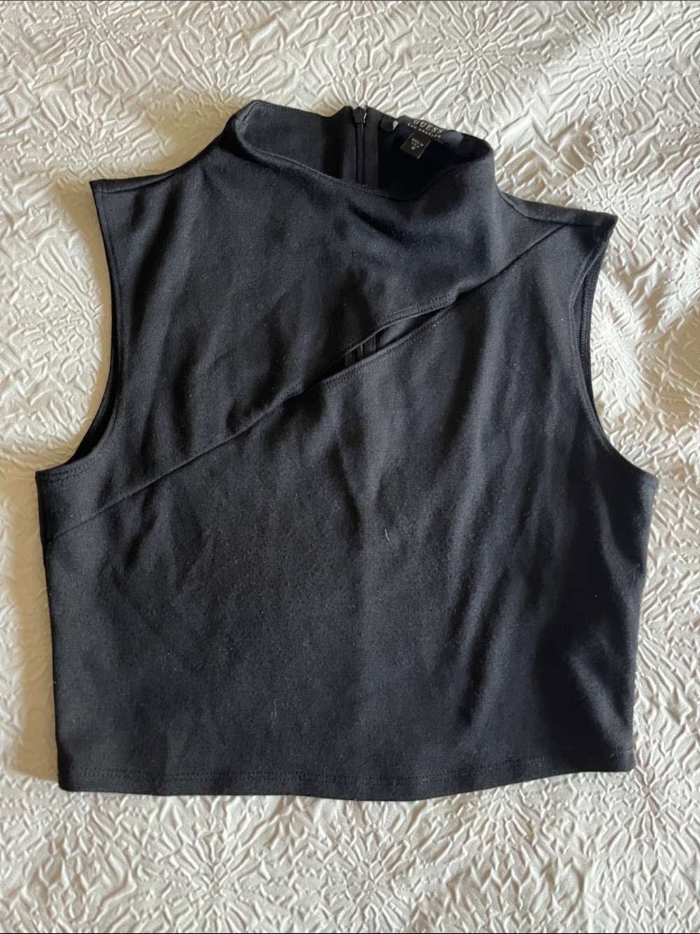 Guess Black Asymmetrical Mock Neck Crop Top